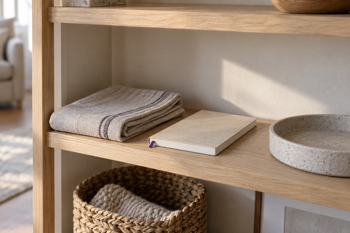 Pale wood shelf with folded linen, an unlabelled closed booklet, and an empty stone tray. Journal feature for: How to Install the DOYOMI A6 on a Wall